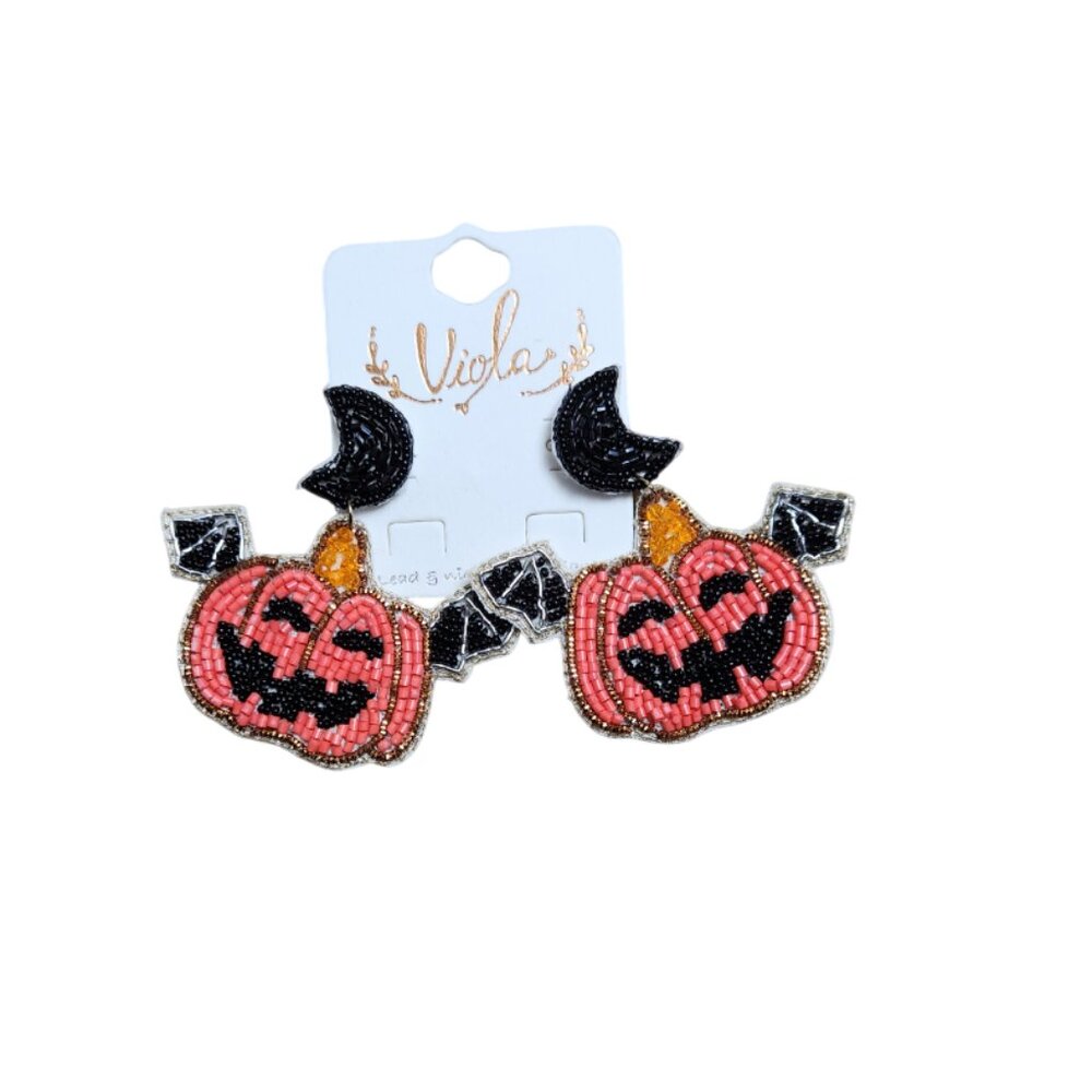 Winged Jack-O'-Lantern Seed Bead Earrings